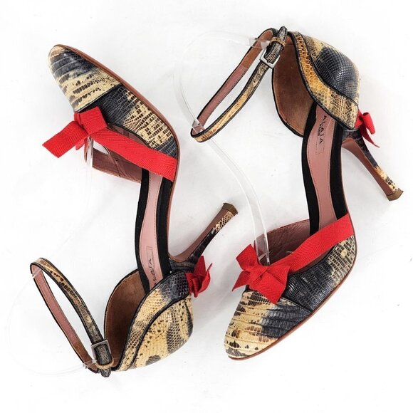 ALAIA Snake Print Leather Ankle Strap Heels With Red Bows - Picture 8 of 13